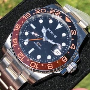 40mm Parnis Black Dial Sapphire Glass Orange GMT Date Automatic Watch BNIB